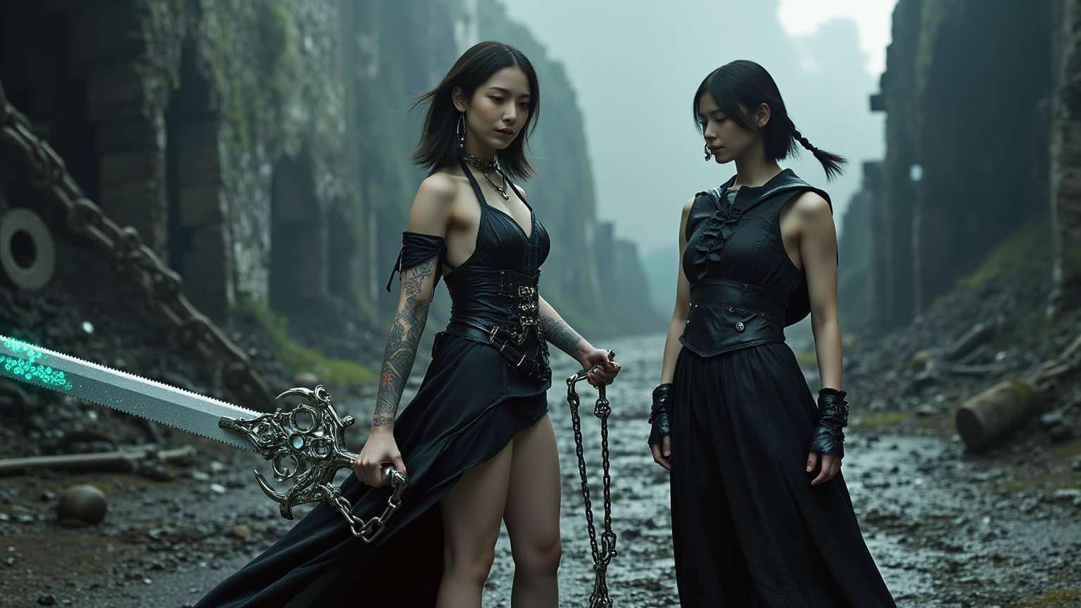 medieval warfare，ruin style，((original photography:1.2, best quality)), photographic art，Extremely detailed, Ultra-precise depiction, Ultra-fine drawing, (tangled、dramatic:1.2), (medieval warfare的氛圍), ((((night)))，dark light，Dark room，dirty room，Behind is the wall，dilapidated wall，((ceramic tile、Sewage on the ground:1.2))，2 women, female knight，Dirty long hair，Very detailed face，beautiful face，exquisite eyes， (best quality, Beruca, Gloves), ((Shabby medieval metal armor:1.3)), Very detailed metal armor，Broken metal armor，Rag strips, long legs, Very huge cleavage，Long legs，((Bruise on the body))，two women standing together