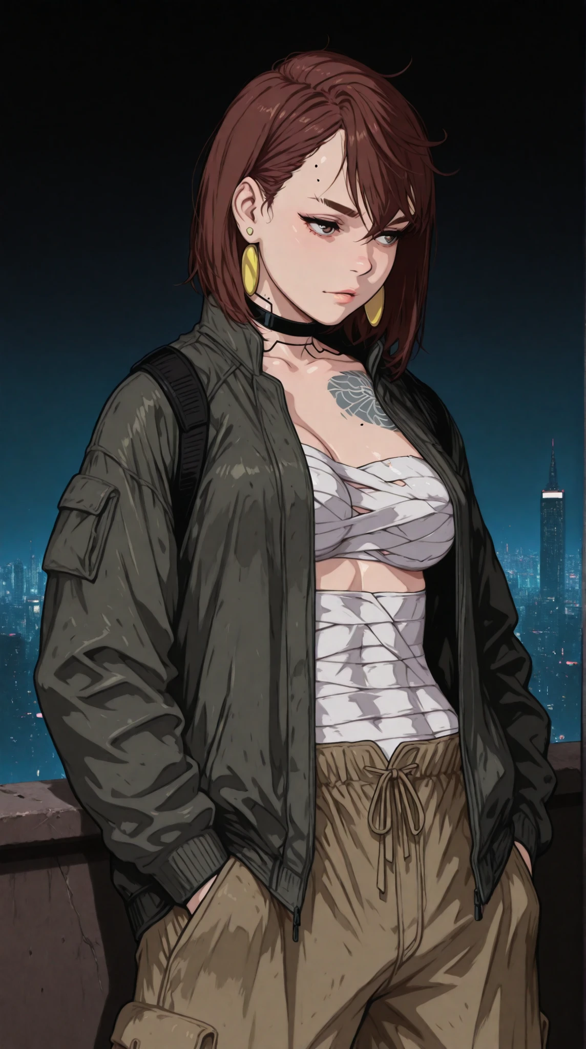 Score_9, score_8_up, score_8, score_7_up, expressiveh, rating_explicit, masterpiece, hyperdetailed, source_anime, sinozick style, 1girl, momo ayase, short hair, brown hair, brown eyes, bangs, thick eyebrows, medium breasts, earrings, black choker, sarashi, open jacket, khaki cargo pants, hands in the pockets, cowboy shot, cyberpunk style, night, city in the background,