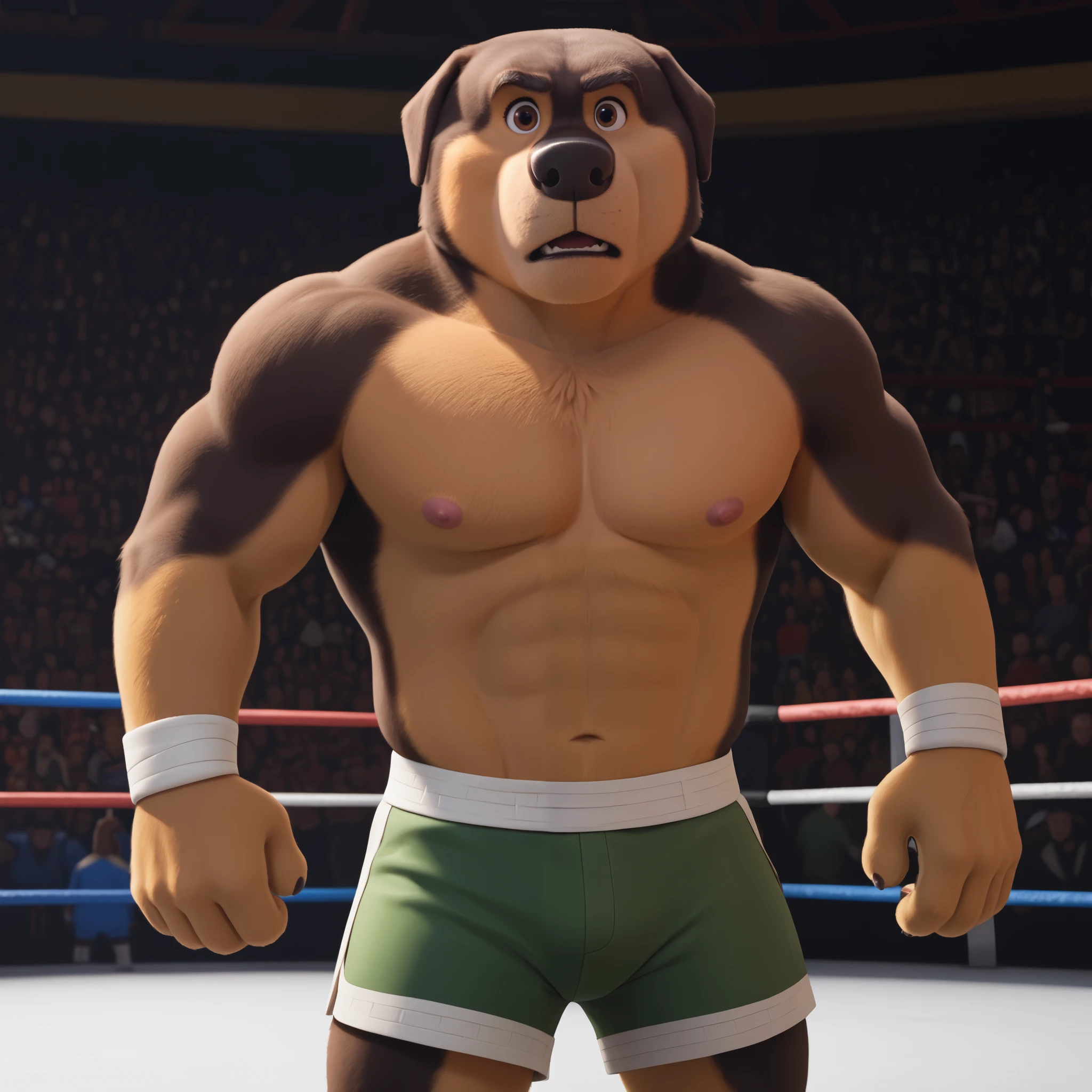 score_9, score_8_up, score_7_up, cartoon_style, ((by BodiPhant0m)), byBodiRDz, 4k, 8k, The best quality, very well drawn, detailed, high quality, detailed, 4k, high resolution, high quality, high resolution, Khampa, detailed, high quality, detailed, 4k, high resolution, high quality, high resolution, furry character, canine, 2d, solo, fighting arena background, rockdog, khampa, style rock dog, movie style, style[rockdog], rockdog, male, Tibetan mastiff, mastiff, dog boy, dog, khampa, Tibetan Mastiff with brown-and-tan fur with tan fur on his muzzle, hands, feet, black nose, brown eyes, middle aged muscular, Height: 6'10", Weight: 358lbs, shirtless, black MMA shorts with green slits, MMA gloves with knuckle pads, training, stances, practicing