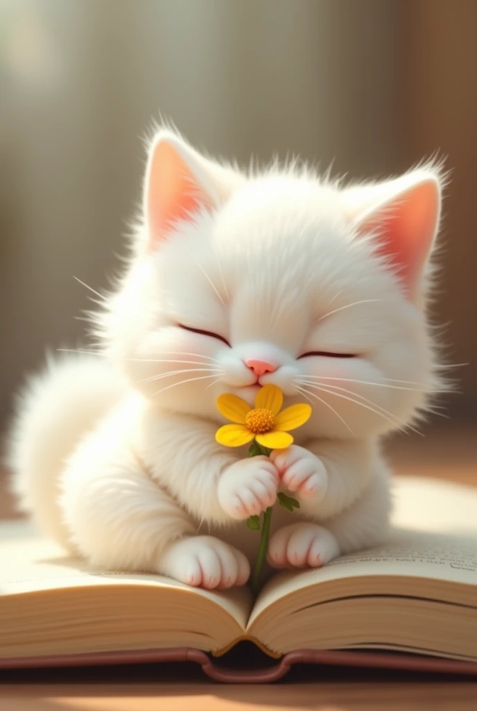 Cutest white furry cat ever ,sleeping on open book hugging one little wild yellow flower, make it look real ,make it so much cute,