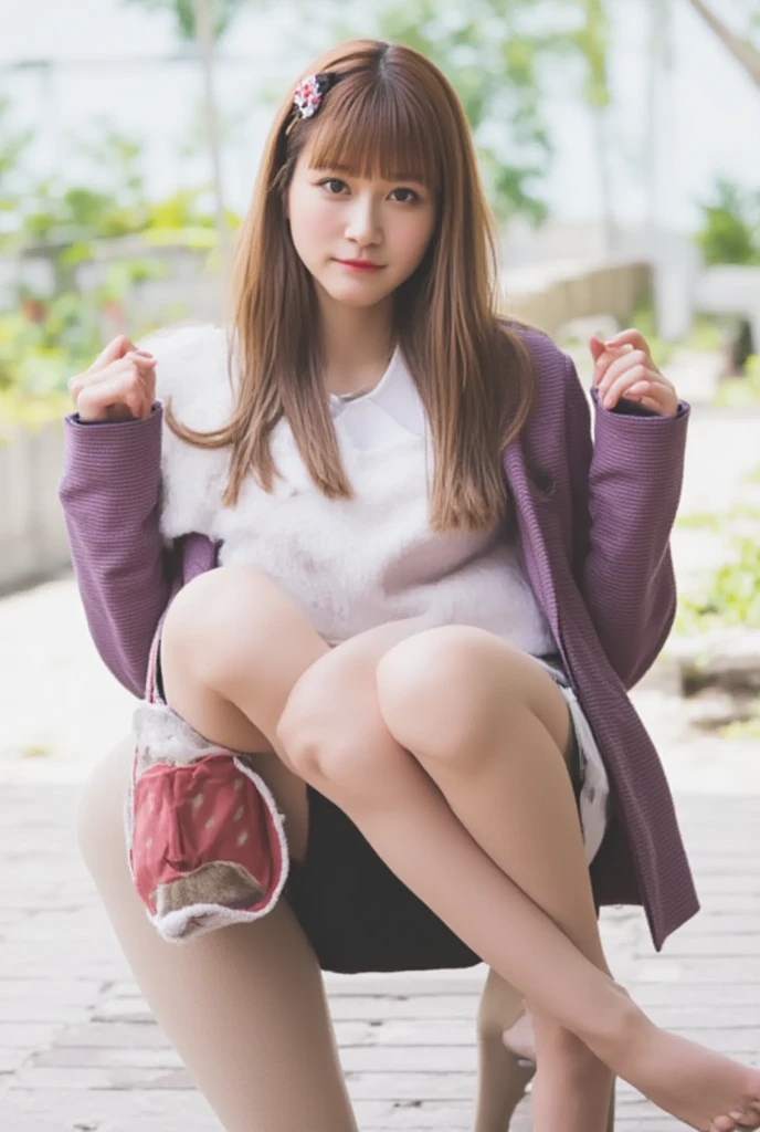 Sit on the ground、Sit crouched、Sit with your heels on the ground、Hold your knees with both hands、Shins pointing forward、Body facing forward、Sit with your heels on the ground、Leg spread、Open legs、Black panties、8k Photo、Live Shooting、Best image quality、masterpiece:1.2、Genuine、photoGenuineistic、High Contrast、Photon Mapping、Genuineism、Very detailed、Professional Lighting、Low Angle:1.2)、(1 girl)、(alone:1.5)、(Height is 165cm), (18 year old high school girl), (Japanese High School Uniform)、(Summer blouses:1.2)、(Checkered short skirt:1.2)、(White shirt with student ribbon:1.2)、(Crouch down and look ahead)、(Open legs:1.2), (White panties:1.5)、(Camel Toe)、(White sneakers:1.2)、 (Perfect balance:1.2), (Hard to see under a skirt:1.5), (The detailed shape of the female genitals is clearly visible:1.4), (Shaved:1.4), (Textured skin)