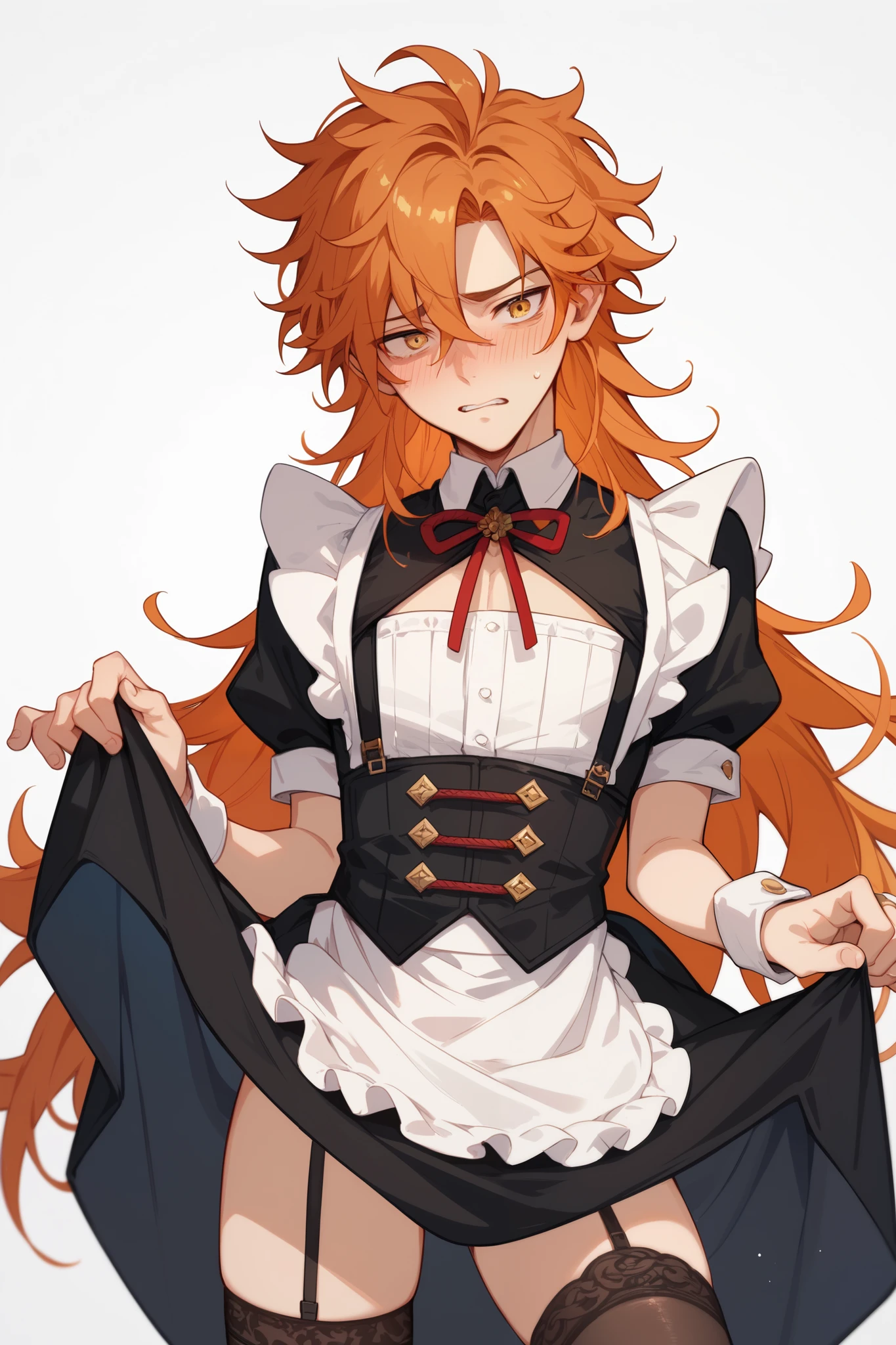 A boy with long, long hair, messy hair, messy orange hair that falls below his shoulders and tousled bangs. His golden eyes reflect a mixture of shyness and embarrassment. He wears a maid outfit and, with a blushing expression, avoids eye contact as he slightly lifts the fabric of his dress, revealing his right leg covered in black sheer stockings. The style is Japanese anime/manga, with a white background.