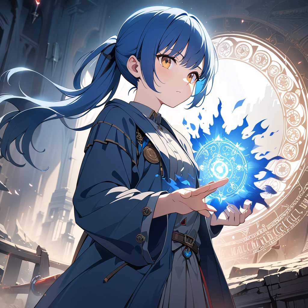 (Close-up:1.2), 1girl, solo, standing inside a fantasy clock tower, blue hair, white eyes, magician robes outfit, intricate background, (clockwork, mechanical items, many cogs:1.2), workshop, all connected, dusty floor, shadowy smoke, dim lighting, panoramic view, dark theme, best quality, amazing detail, 4k, 8k, uhd,