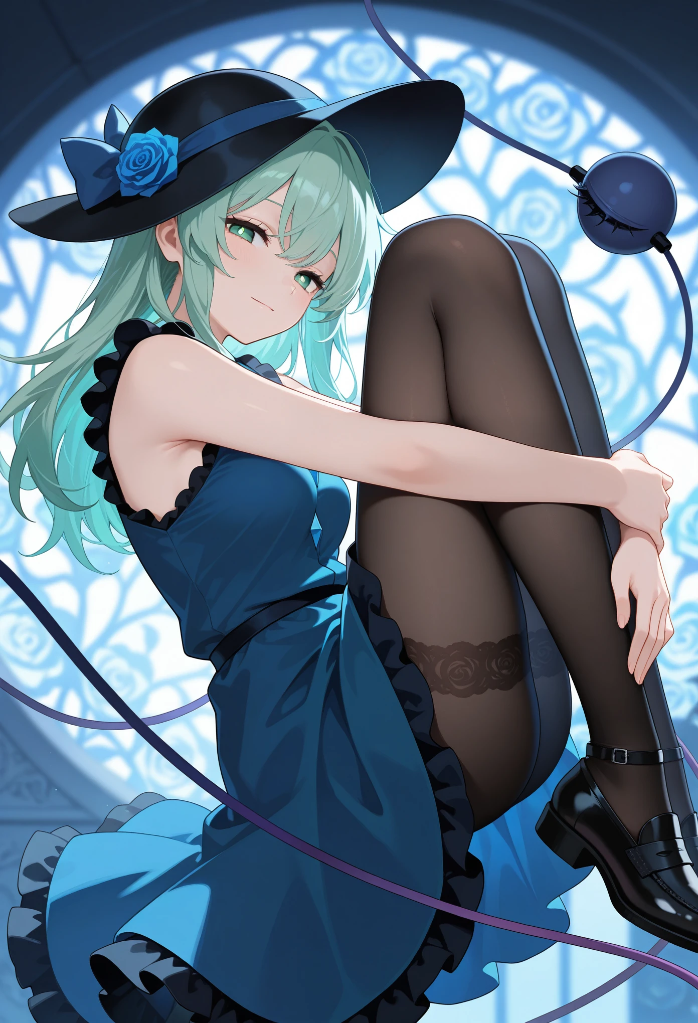 masterpiece, best quality, amazing quality, from side, 1girl, Koishi Komeiji, \(Touhou\), aged up, half-closed eyes, light smile, light blush, floating, hugging own legs, looking at viewer, alternate hairstyle, long hair, bangs, green eyes, white pupils, medium breasts, alternate costume, hat, frilled dress, sleeveless, blue dress, two-toned dress, lace-trimmed pantyhose, black shoes, (mosaic background), blue roses, blurry background, dim lighting, absurdres