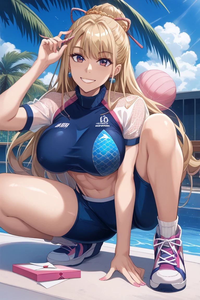 score_9, score_8_up, score_7_up, score_6_up, score_5_up, score_4_up, Very Huge, gyaru , 1women, solo, outdoor, blush, ((busty)), blonde hair, green eyes, ponytail hair, smile, detailed face ,collarbone,  cleavage, black swimsuit, Competition swimsuit, school_swimsuit, swimming pool, day, wet, smile, heavy breath, cowboy shot , hands on hip 