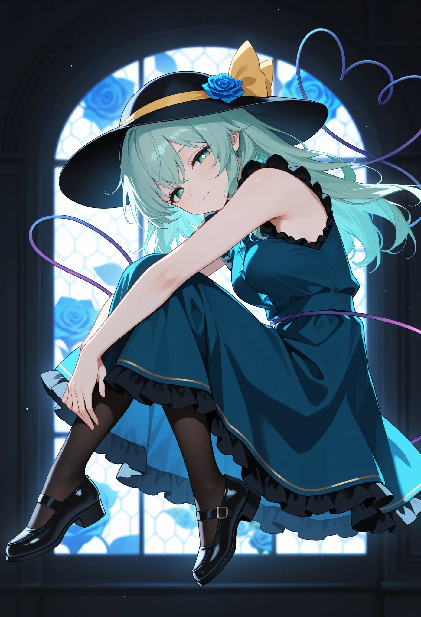 masterpiece, best quality, amazing quality, from side, 1girl, Koishi Komeiji, \(Touhou\), aged up, half-closed eyes, light smile, light blush, floating, hugging own legs, looking at viewer, alternate hairstyle, long hair, bangs, green eyes, white pupils, medium breasts, alternate costume, hat, frilled dress, sleeveless, blue dress, two-toned dress, lace-trimmed pantyhose, black shoes, (mosaic background), blue roses, blurry background, dim lighting, absurdres