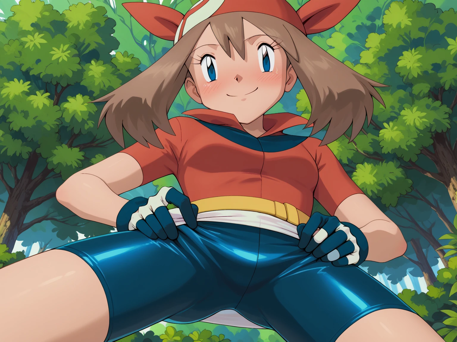 Pokemon May, pokemon, Monster girl quest, gloves, red top, brown hair, microskirt, bicycle shorts, seductive mature smile, smug, (female half open eyes), blush, 1boy, 1girl, larger female, large female, front view, (pov), forest background, ((handjob)), rubbing penis, penis in hand, foreskin, retracted foreskin, cumming, looking at eachother, looking at boy, (squeezing penis), penis between hands, squeezing penis, pulling down foreskin, (large breasts), (female on knees), boy being held up by larger female, pinning down boy, (low angle), (((health bar))), tight handjob,