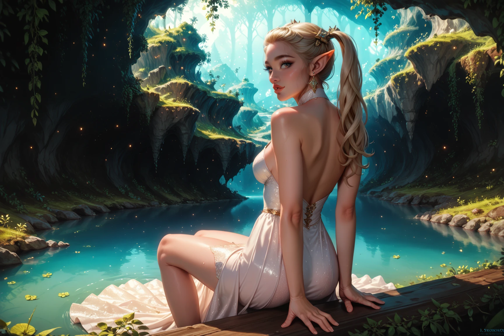 Elf in nature, bare feet, back, sitting