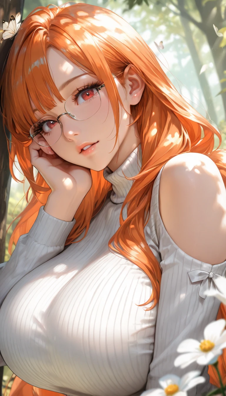 (masterpiece, best)), (1girl), (mature woman), Red hair, open-chest seduction, flared, (kemonomimi lady), bangs, medium breasts, glasses lady, (full), slim, smile, [wide hips], standing, 8K picture quality, sexy seduction, (open-chest) (Sharp focus: 1.5), (sharp focus:1.2), (beautiful face:1.1), (eye makeup:1.2), (tight body:1.2), (flowery dress:1.2) (Farm:1.2). (morning sun lighting:1.2), ((Masterpiece)), (highest quality))), (Character design sheet, national costume, same character, front, side, back), (simple background, white background: 1.3) ( Masterpiece:1.2), (Best Quality:1.3) (best quality:1.1) realistic:1.37 long, flowing:1.1 luscious, plump:1.1 sparkling sequins:1.1 subtle, Sunflower Yellow:0.9 soft, warm:1.1 best quality,4k,8k,highres,masterpiece:1.2, realistic,photorealistic,photo-realistic:1.37, ultra-detailed:1.1 busty animal ears, beautiful, detailed ears:1.1 best quality, 4k, highres, masterpiece:1.2 detailed, piercing eyes:1.1 4k, 8k, highres, masterpiece:1.2 very three-dimensional: 1.2 (8k, best quality, masterpiece:1.2 ((masterpiece, best))
