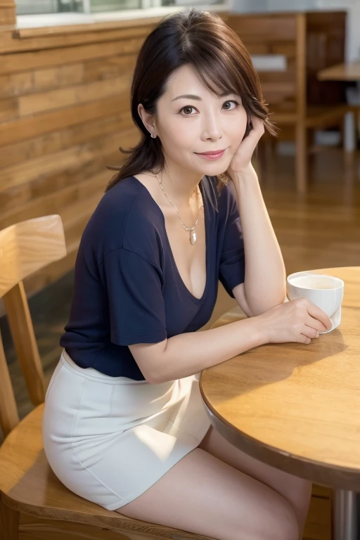 8k wallpaper, masterpiece, Highest quality, Super detailed, One Mature Woman, 50 years old, Become very clear, Wearing a short-sleeved knit, Skin dents, Captivating smile, Looking at the audience, Cleavage, plump, Curvaceous, Fascinating face, Smiling with teeth showing, I was happy, Sitting in a cafe, Background Blur