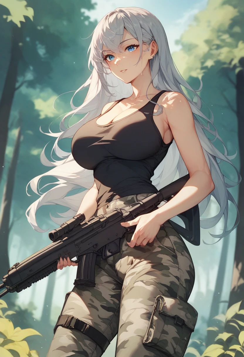 Masterpiece, Beautiful art, professional artist, 8k, art style by sciamano240, detailed body, Very detailed face, very detailed eyes, Detailed clothing, detailed fabric, Best Quality, better resolution, 1 girl, bronya zaychik \(Honkai Impact 3rd\), view from behind, perfect ass, standing, big breasts, serious expression, At night , long silver hair, choker:1.6, (white long sleeve button down shirt with white collar), (shiny black corset), black gloves that cover your hands, holding a gun in hand, (shiny black leggings), looking at the viewer, dark forest, Atmosphere, fog, At night