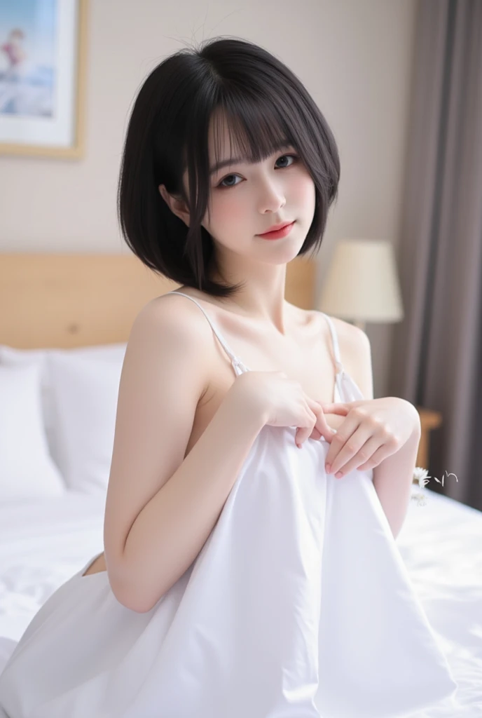 Japanese middle age,55 years old,Short black hair,Huge breasts,,plump figure, eyes,mouth slightly open,Tongue sticking out,White translucent sexy nightdress,Sitting on the bed,looking into camera,Delicate skin texture