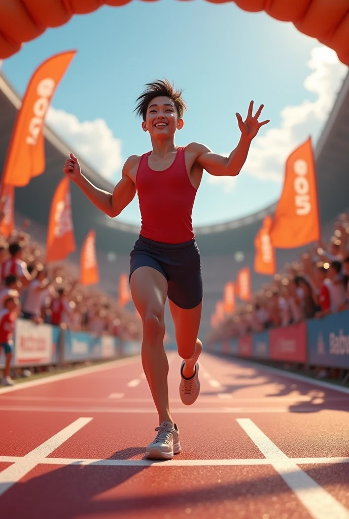 (one poster), youth day, delicate, super detailed, illustration, a swimmer, winning, raising hands and cheering, wide angle shot, upward shot, (away from the camera), full body,