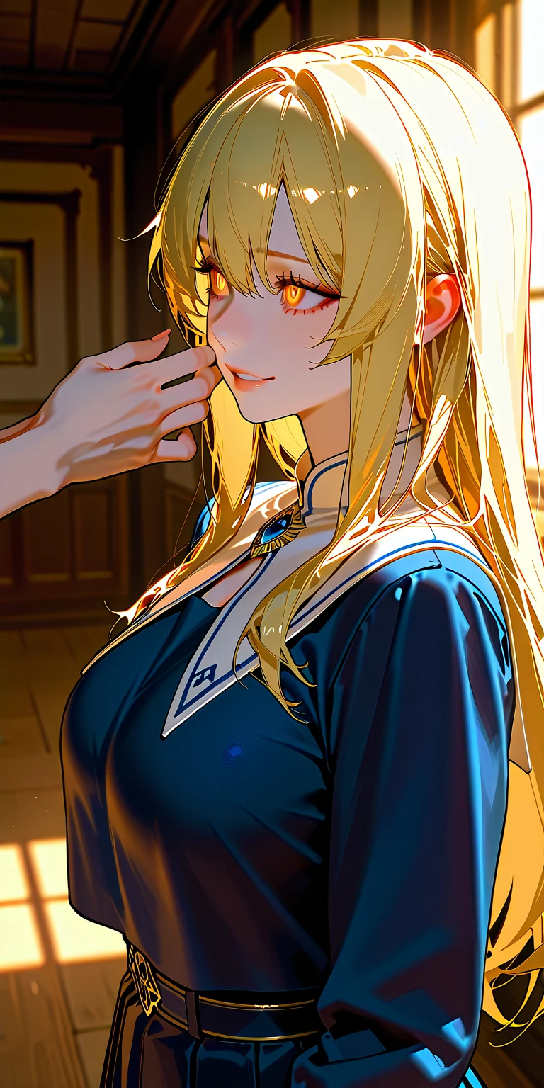 ((best quality)), ((masterpiece)), (detailed), perfect face、blonde、Smooth Hair、Blue Dress、Earrings、necklace、look back、Upper Body、