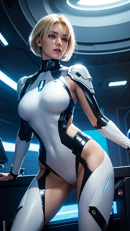 (best quality,8k:1.2,high resolution:1.2),ultra-detalhado,Realistic,retro science fiction female superhero,white short hair,rosto extremamente detalhados,long eyelashes,shiny metalic chrome armor, Apertado,pantyhose,gloves,Physically-based rendering,foco nítido,white studio lighting