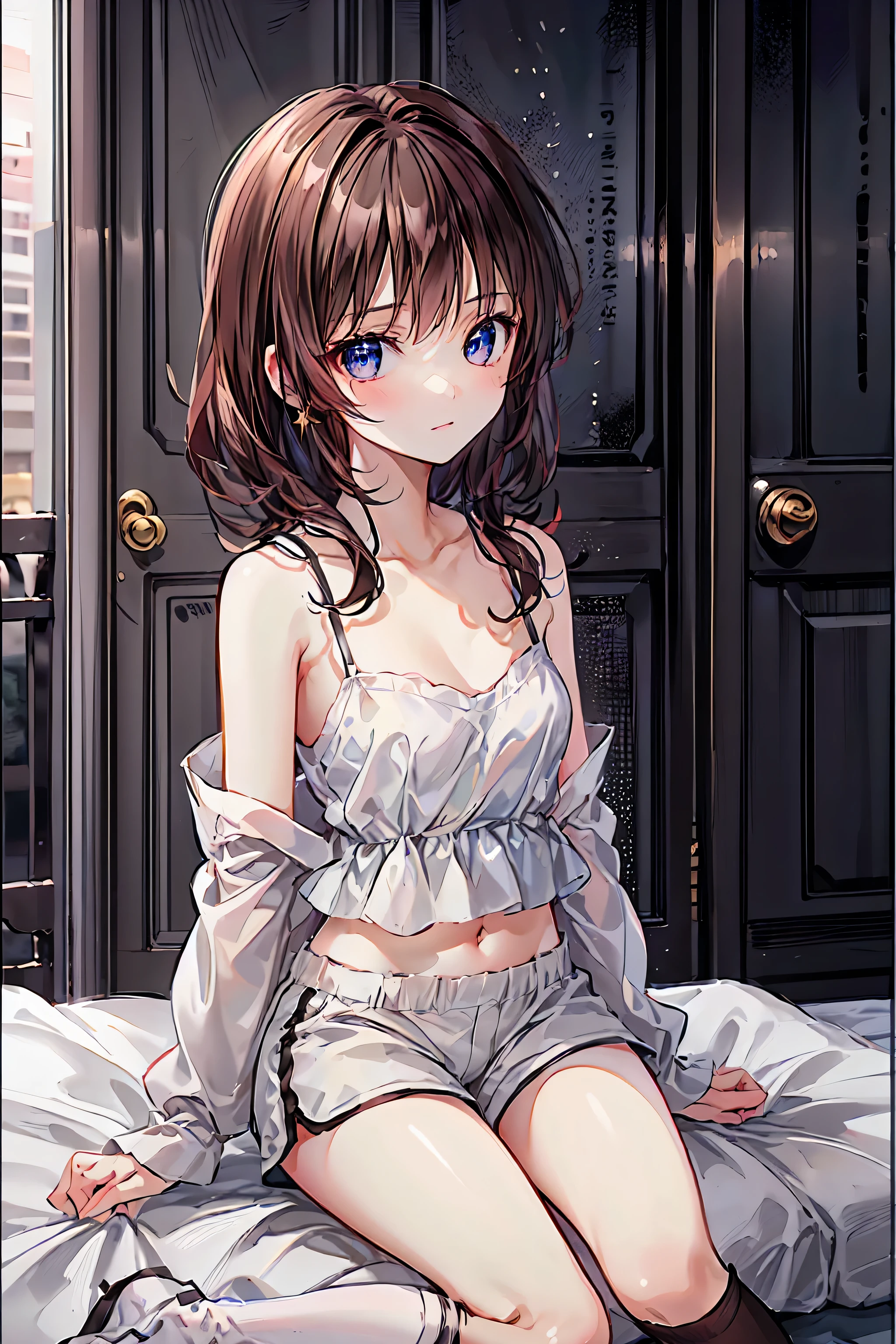 (best quality, masterpiece, uncensored, high quality, ultra detailed, extremely detailed CG, beautiful face, beautiful eyes, beautiful hair), (solo), ((((1girl)))), ((((Brown short hair)))), (((((wavy hair))))), ahoge, heterochromia, small breasts, (((((sundress))))), (((((bike shorts))))), (((((kneehighs))))), (((hair scrunchie))), (((((button badge))))), happy, (((((reclining))))), (((((bedroom))))), (extremely awesome detailed pretty face, extremely awesome detailed eyes, extremely awesome detailed shiny hair:1.2), extremely awesome detailed dynamic lighting, extremely awesome detailed caustic, extremely awesome detailed deep shadows,(best quality, highres, absurdres, extremely awesome detailed CG unity 8K HDR wallpaper, perfect anatomy:1.1),(extremely awesome detailed realistic, extremely awesome detailed 3d:1.0)