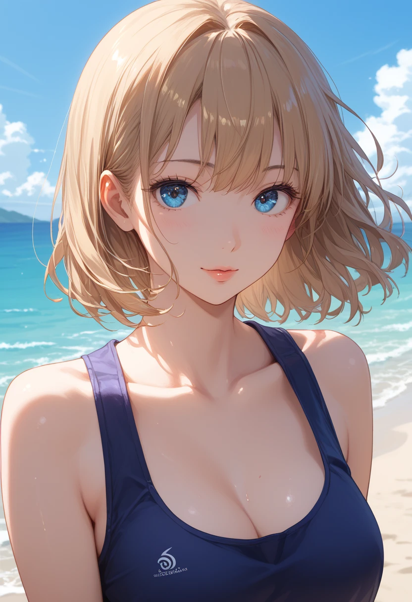 1 girl, memocho, blonde hair, blue eyes, dull bangs, short hair,(((anime style)))、(((2D)))、8K、smile、Close-up、Open your mouth、Black hair only on the head、(((swimsuit)))、(((bikini)))、beach