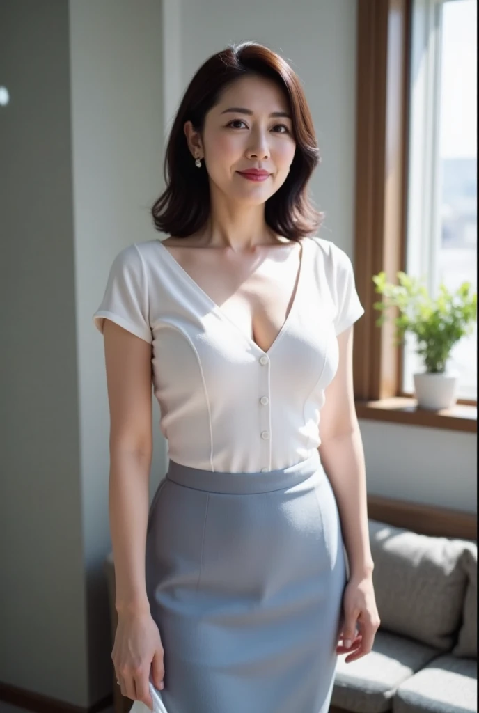 (8K,RAW Photos,highest quality,masterpiece:1.5),(Watching the audience:1.5),(Mature Woman:1.5),smile,(Black Hair),(live-action:1.5),(Realistic expression:1.5),(Big Breasts:1.5),(Narrow waist:1.5),(Thin and beautiful legs:1.5),(Slender:1.4),Showing beautiful teeth,(two japanese women:1.6),(Relaxing in the living room:1.5),(Close all the buttons on your blouse:1.5),(Nobody background:1.5),(Poor exposure:1.5),(Woman in her 50s:1.5),(Her panties are visible through the gap in her skirt:1.5),(There are some wrinkles around the eyes:1.3)