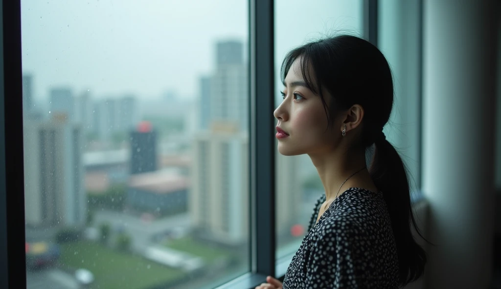 1 japanese woman, hoodie, casual clothes, sitting beside the windows, head looking to the top, ((dramatic lightning: 1.3)), ((sombre: 1.5)), ((Hard shadow: 1.3)), low light, (looking up to the sky:1.2), (profil view: 0.8), (shot from the side), detailed face feature, beautiful eyes,  crying, tearing, (profile photo), realistic, photorealistic, detailed expression, view of a modern building through the window, rainy, sad expression, (masterpiece), thinking, (raindrop on the windows: 1.1), ((rain:1.4)), ((night: 1.5)), (dark clouds: 1.4), good hands