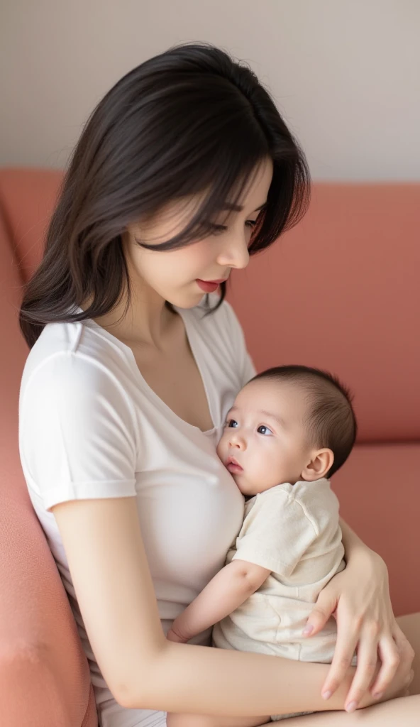 A beautiful Japanese woman in her 40s is sitting on a modern sofa and breastfeeding her baby, {beige knit, skirt:1.4}, Realistic, Realistic, Realistic body shape, Very detailed, highest quality, 8k, Sharp focus, High resolution, Ideal ratio, A kind smile, Thick lips, Cleavage, wrinkles skin, open mouth,  looking at the baby