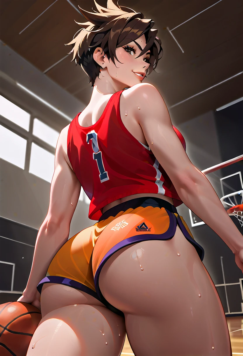 A young naked woman playing basketball, big butt, open anus, focus on anus, 8k, ultra-detailed, hyperrealistic, chiaroscuro lighting, dramatic shadows, cinematic composition, award-winning photography
