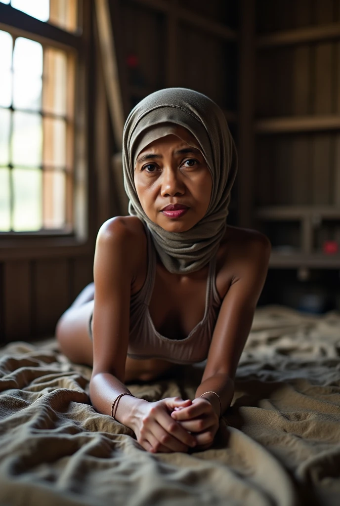 A dramatic, full-body portrait of a beautiful 35-year-old Indonesian woman wearing only her hijab, bra, and panties, sitting on a bed as she cries emotionally, covering her half-naked body with her hand. Her facial expression is one of shame and sadness, having just been humiliated by her 17-year-old son. In the background, a sleeping 14-year-old boy lies next to her. The scene is captured in sharp focus, with surreal lighting and composition. The woman's beautiful face, slim physique and small breasts are prominently featured, as well as her thin waist. The entire image is rendered in stunning detail, with lifelike realism and subtle depth of field. The camera captures the scene in a raw, candid style, reminiscent of 16mm film. Color grading is reminiscent of Portra 400 film, with vibrant colors and nuanced shading.