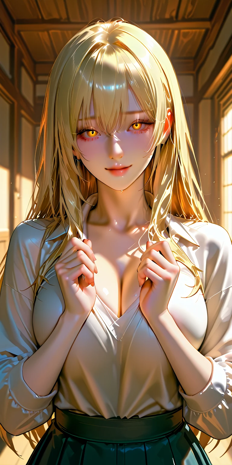 1girl,blonde hair, solo, long hair, looking at viewer, facial mark, choker,, jewelry, yellow eyes, collarbone, covered navel, earrings, master works, authentic texture, cinematic lighting realism, perfect job, 16K, hd, exquisite features,japanese idol、Beautiful Face、cute smile.