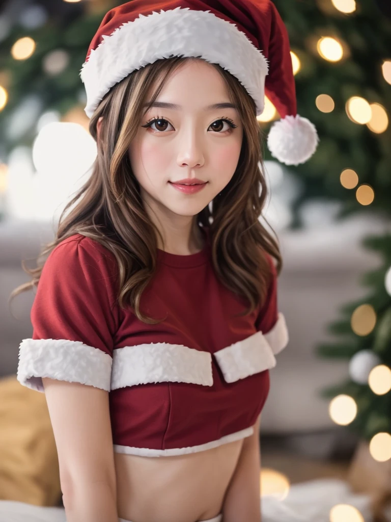 ulzzang -6500-v1.1, (Raw foto:1.2), (Photorealsitic:1.4), a beautiful detailed girl, extremely detailed eye and face, beatiful detailed eyes, Ridiculous, unbelievable Ridiculous, huge filesize, ultra-detailliert, hight resolution, ighly detailed, top-quality, masterpiece, Kemomimi, ((miniskirt santa claus costume)), illustratio, ighly detailed, nffsw, unification, 8k wallpaper, astonishing, finely detail, masterpiece, top-quality, Highly detailed ticker uniform 8K wallpaper, face lights、Cinematographic lighting、1girl in、sixteen years old、(witheout panties)、((dynamicposes)))、(camel's toe)、(half)、、(Crooked knees and legs sitting))