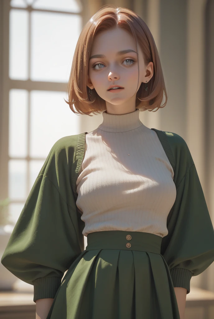 absurderes, ultra-detailliert,bright colour, Short hair,Blonde hair with short fluffy twin tails:1.2) Shiny hair,(Green Plaid Sweater Dress:1.5),(Black long boots:1. 3), Delicate beautiful face, red blush、(deep blue eyes:1.2), White skin, hair clips, earrings, a necklace,(Close one eye and feel shy:1.3),Beautiful cloud,stand in front of the window in the room,Heavy snow outside the window,You can see the starry sky and the aurora