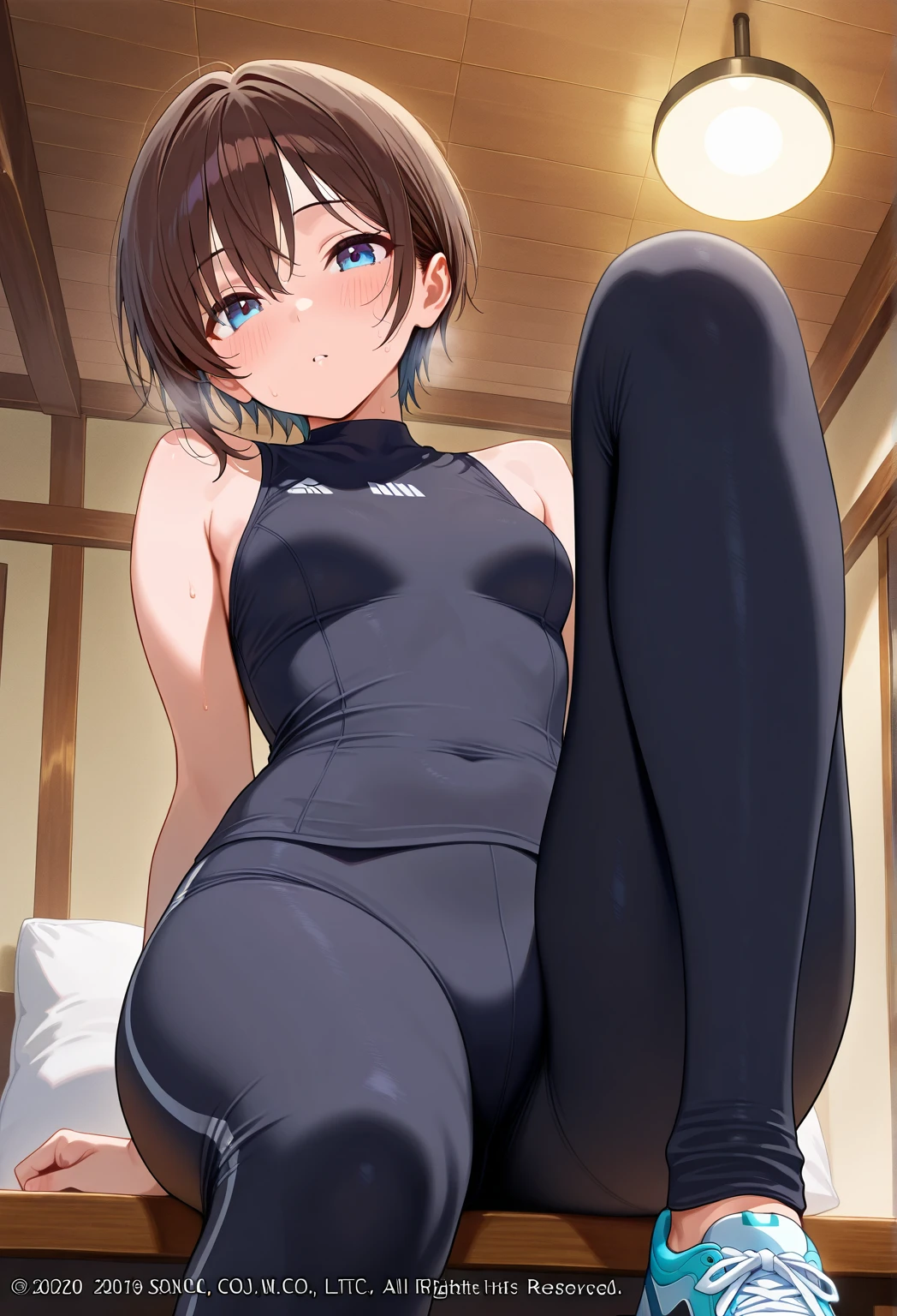 best quality, masterpiece, high quality, insanely detailed, ichika nakano, one-piece swimsuit, breasts, pantyhose, blush, smile, in the living room, leg spread