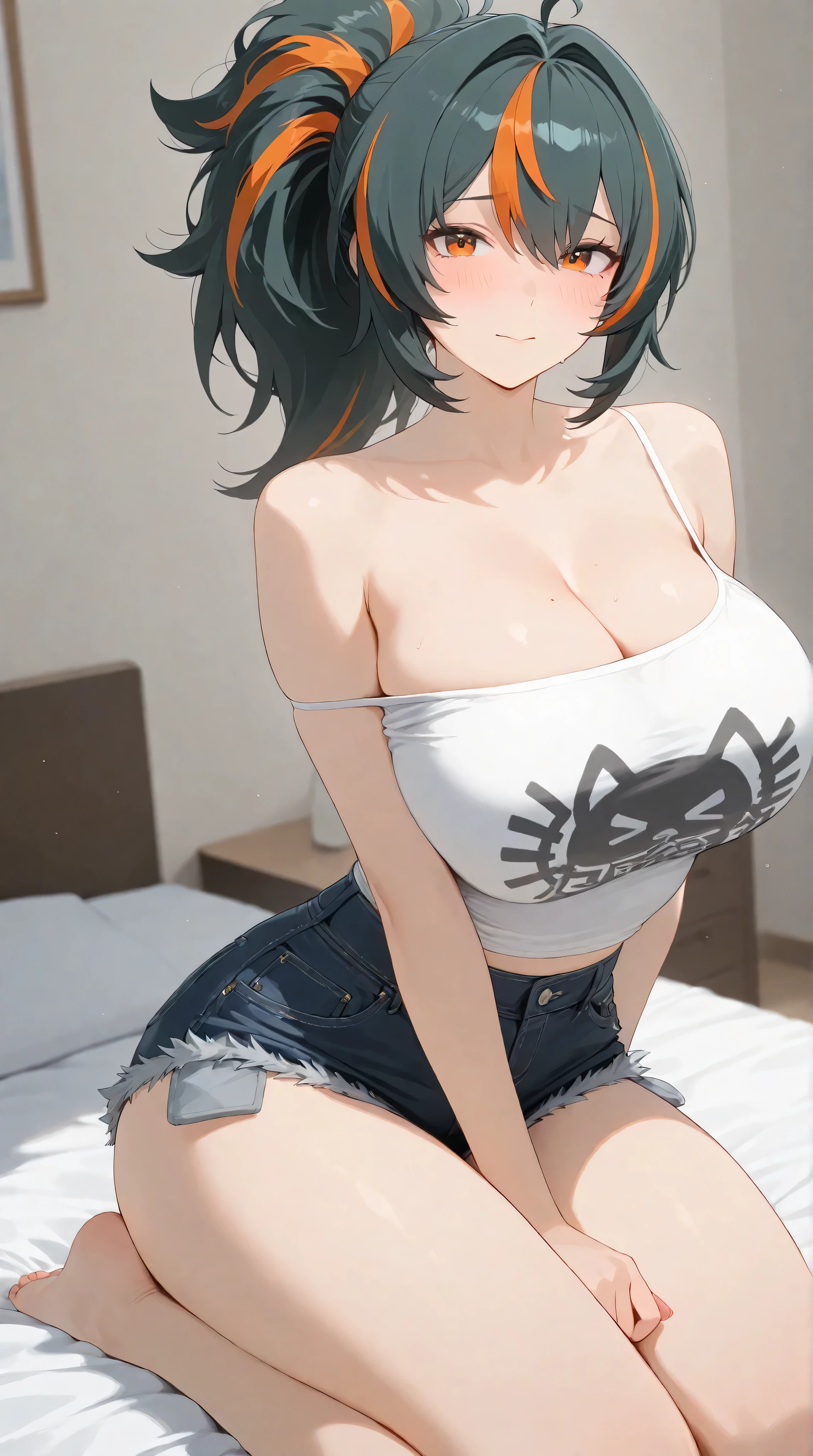 masterpiece, extremely detailed,perfect skin texture,4k,solo,1girl ,((fullbody)),zhu yuan,ponytail streaked hair,girlish face,blush,mature,sexy legs,perfect body,large breasts,cleavage,white tshirt,short cargo hot pants,high detailed, best quality, upper body,bed room, photography,cowboy shot,looking at viewers