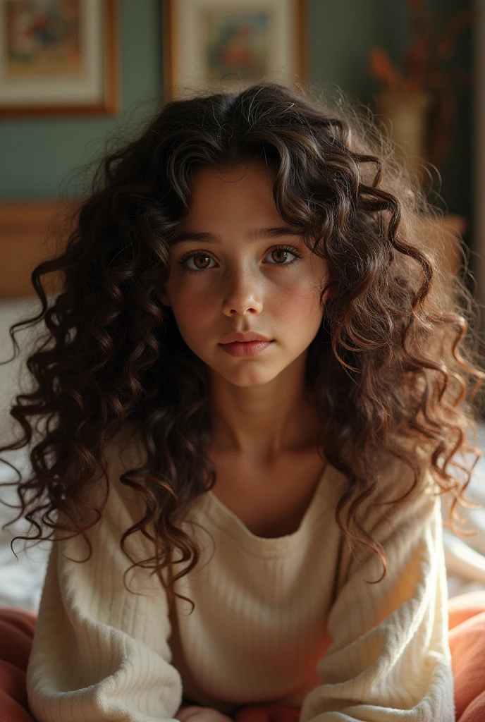 A girl with curly hair and bangs. With sad eyes and dark circles with tears in his eyes