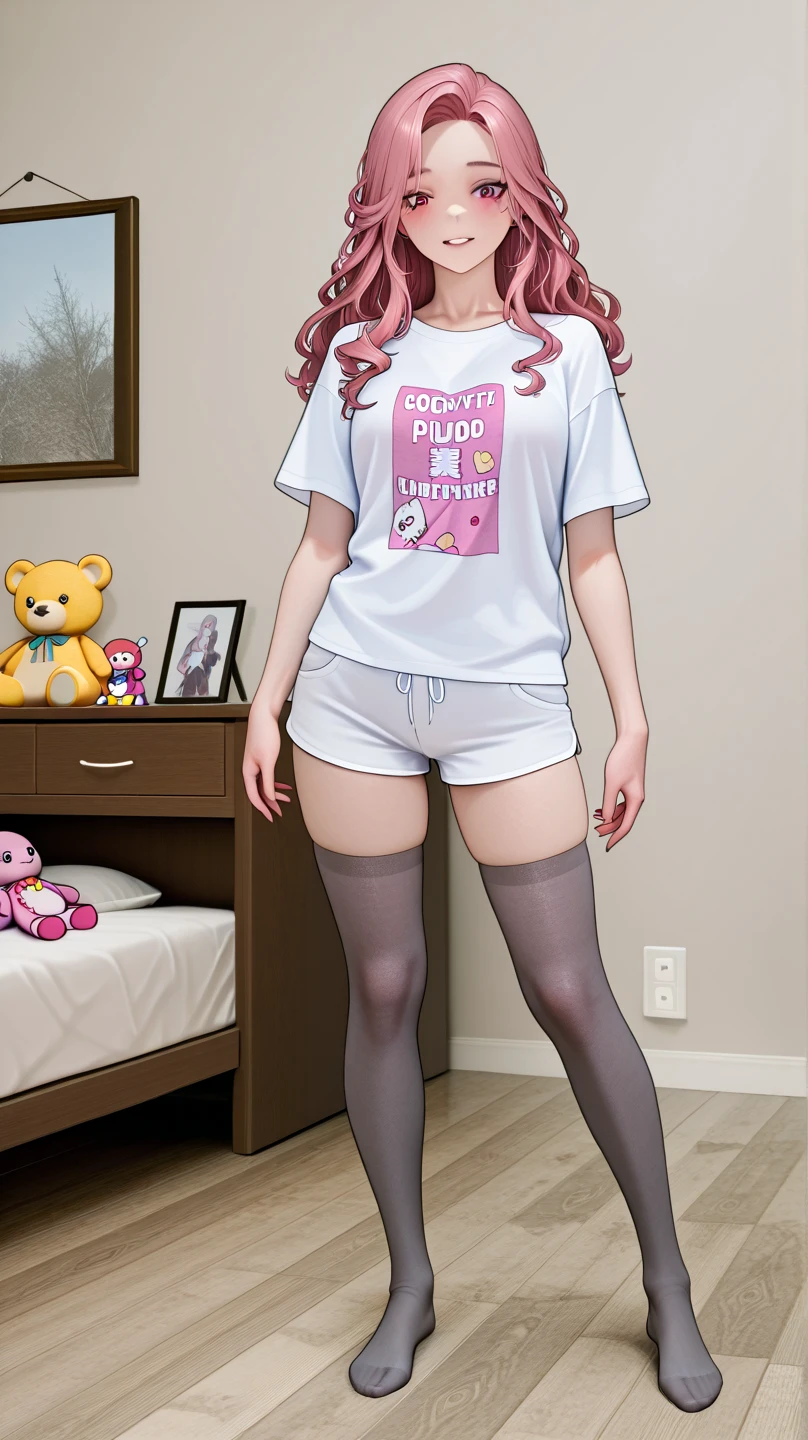Girl , extra short white t-shirt, white shorts ,gray stockings, 、She has pale pink curly hair 、sexual expression,глаза красивые високое Quality、with pink cheeks、 provocative、、Yandere's style、hands on her body, posing with your body 、Yellow and purple cozy bedroom background, Lots of plush toys, is worth ,full length, ,High resolution, Точность, Masterpiece, Realistic anatomy, deservedly award-winning, лучшее Quality, damaged , details, high detail, Quality, высокое Quality, retina, very detailed, Ultra high temperature, Текстурированная кожа,
looks at the viewer,
Textured leather sticks to the viewer