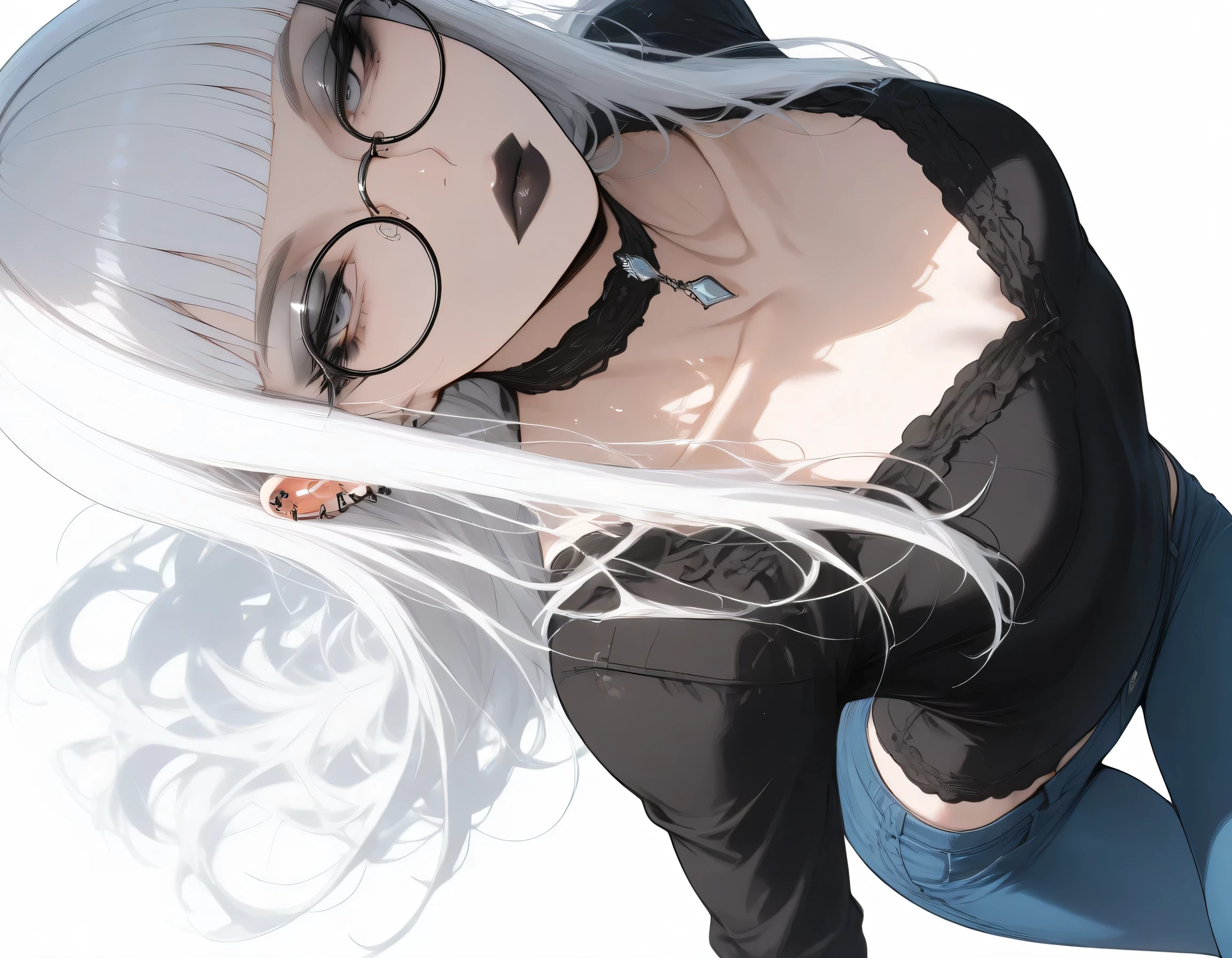 score_9, score_8_up, score_7_up, score_6_up, score_5_up, score_4_up,
BREAK
1girl, white hair, hime-cut hair, straight hair, long hair, grey eyes, thick lips, small, long eyelashes, half-closed eyes, black-framed eyewear, round eyewear, black choker, blunt bangs, adult, black eyeliner, ear piercing, black lips, grey eyeshadow, looking at viewer,
BREAK
solo, standing, small breast, adult, skinny, from above, arched back, thigh gap, black top, blue jeans,
BREAK
(white background:1.2), simple background, dynamic pose, dynamic angle, angled shot,