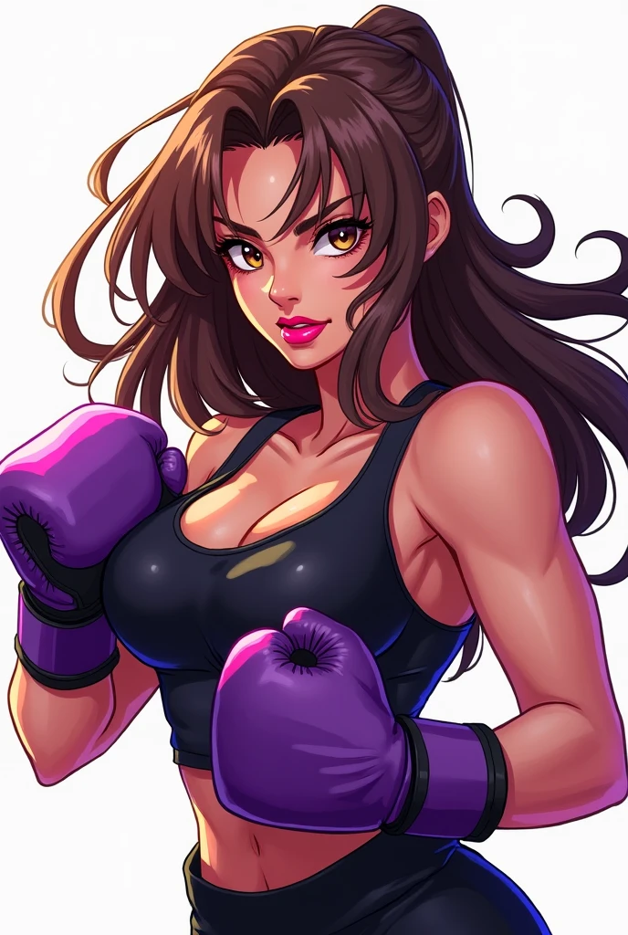 Black gal boxer. Brown skin. Light brown-haired ponytail. Pink lip. A confident smile. He's wearing pink boxing gloves. I'm wearing a pink sports bra. Sexy thick lips. Flashy makeup. One woman. Well-shaped boxing gloves. The background is a corner of a boxing gym.