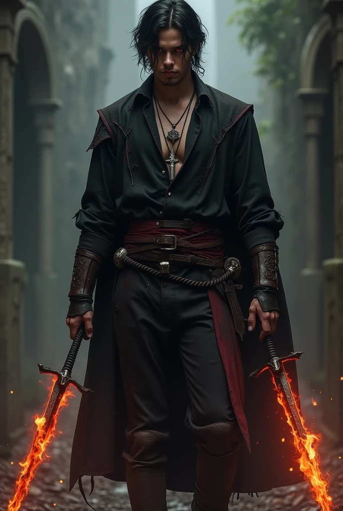 A man with a black cape and cloak facing the camera holding a ritualistic sword