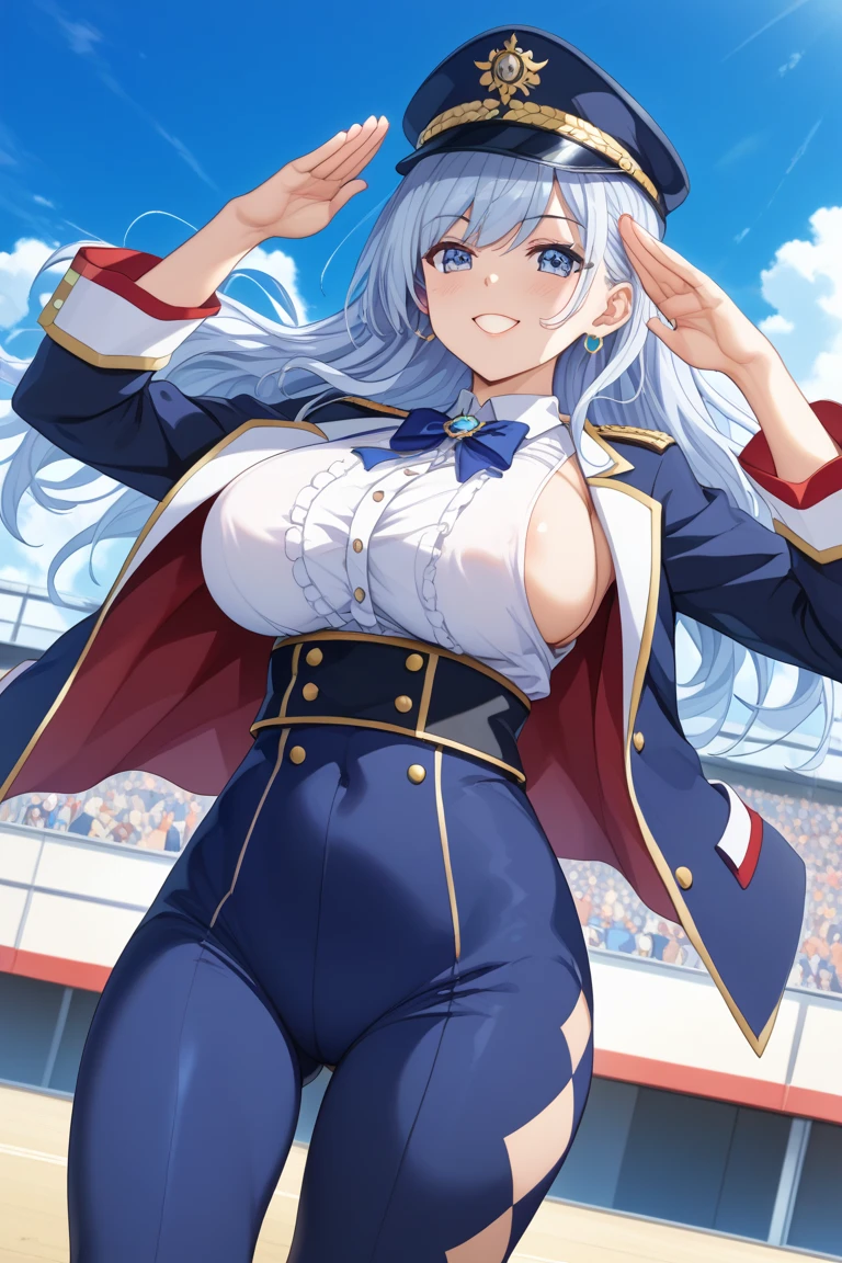 (high quality), no bra, thight stockings, evil smile, severed expression, light blush, looking at viewer, extremelly large breasts, precise hands, sexy pose, aurelia le guin, long hair, crown braid, french braid, cheerleader uniform, black thong, thight stockings, detailed stadium in the background, mature woman, cape