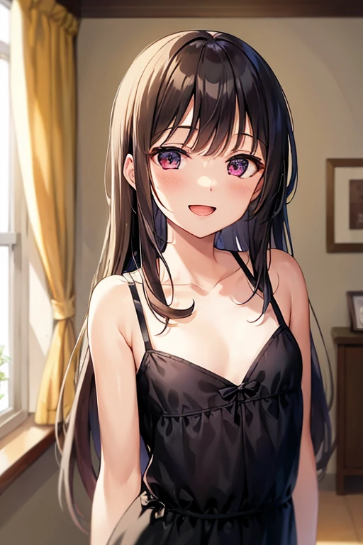 Takagi-san、Shiny brown hair, Long Hair,((Medium chest、Forehead、Center part))、 Beautiful brown eyes、smile、Sparkling eyes, (fine grain)、Very fine eye、Very detailedな顔, Very detailedな目, Cowboy Shot、
Browsing Caution,
Very detailed, girl 、cute, alone, Midnight, Beautifully detailed skies, Detailed Cafe, Sitting, From the back, (blush), (smile: 1.15), (Mouth closed), Beautiful Eyes, Floating Hair NovaFrogStyle, Chic black camisole dress with an open back、Beautiful clavicle、I see your shoulders