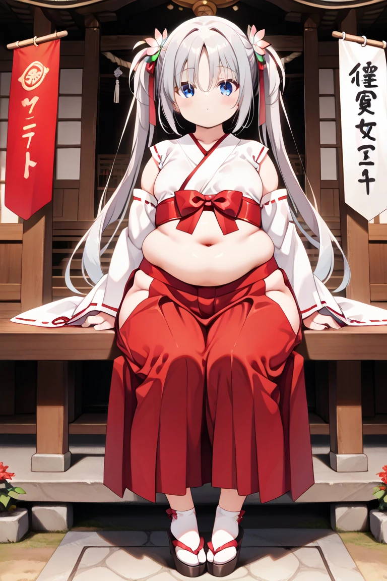 masterpiece, extra limbs, 1goddess , age fifties woman 2600 years old, ((white absurdly long hair blunt bangs hime cut pubic hair)),(((tareme rose eyes))), large breasts large areolas fat body beautiful breasts, (((happy))), spread legs, sitthing,pregnant,pale skin,(raven wings),(((clothed japanese shrine miko))),japanese shrine,night