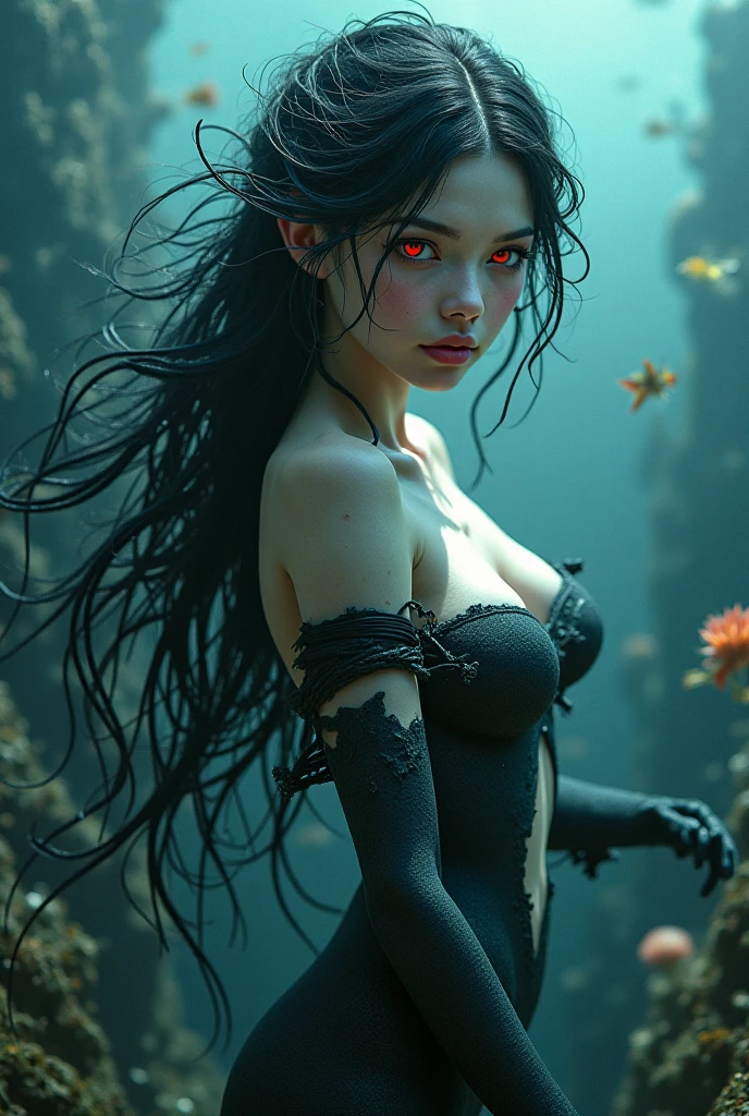 There is a full size figure of a beautiful zombie nude woman with cute face black hair silver white eyes dark blue eye shadows and frost blue lips woman walk thru the swamp emanates grave chilling frost aura ground froze where she steps , high quality beautiful face, detailed anime art, detailed anime wallpaper , high quality illustration. 8k top quality details