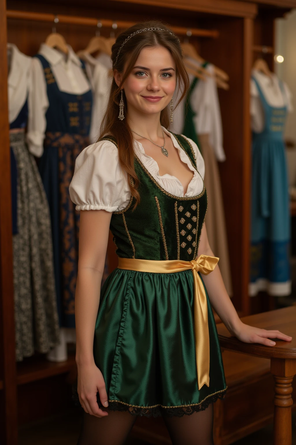 (medium full shot) of (ravishing harlot) young woman, french, tan skin, olive green eyes, curvy build, medium blonde inverted bob hair, wearing a blue ruffled shirt, brocade skirt, fishnet stockings, embroidered heels, jeweled ring, rosy cheeks, silk gloves, set in the 18th century, in cobblestone street, dimly lit by flickering lanterns, shadowy figures moving in the night, horse-drawn carriages passing by, the sound of distant laughter and chatter, during twilight, woman smiling, Masterpiece,best quality, photo, realistic, very aesthetic, detailed face,