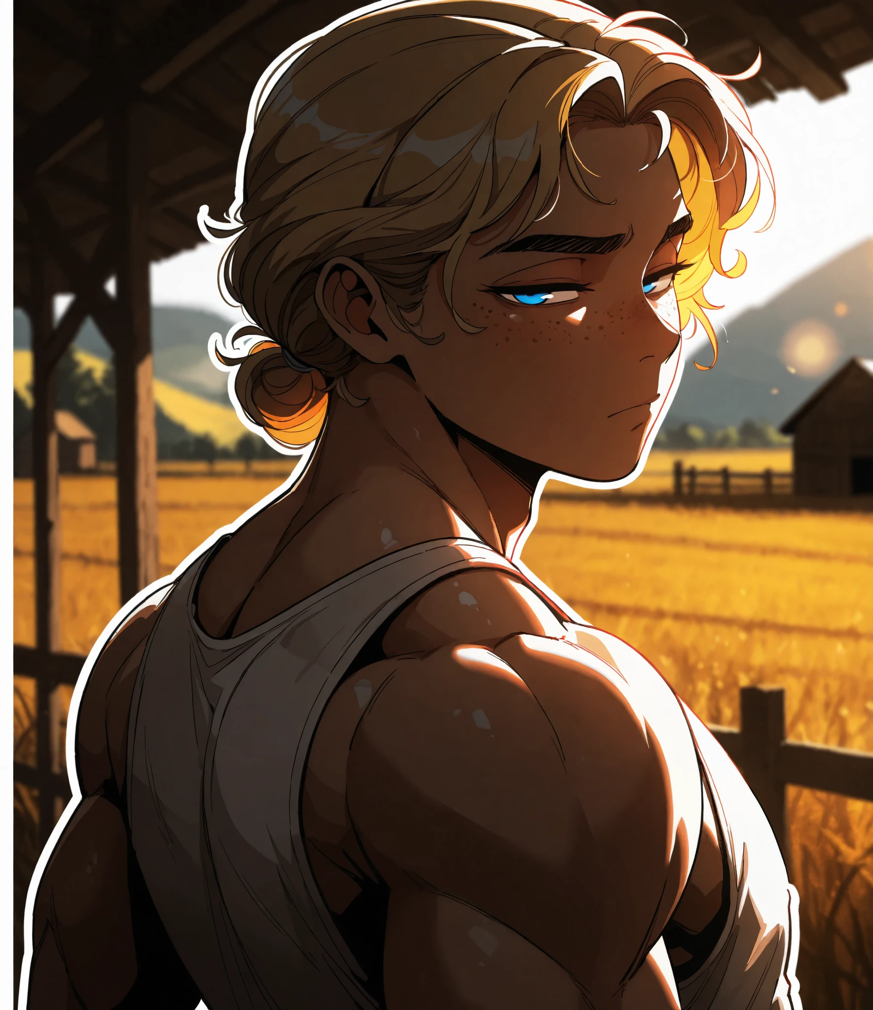 masterpiece, high quality, high detail, high resolution, (blurry background), upper body, diives, (white outline), dynamic pose, (cinematic lighting, dynamic lighting, colorful, bright colors), (face focus), (mature man), fair skin, freckles, blue eyes, dark brown eyebrows, short blonde hair, white tanktop, slender and slim, muscular, farm, outdoors, afternoon, looking at viewer, heavy-lidded, narrowed eyes, squint, ((manly, masculine, male))