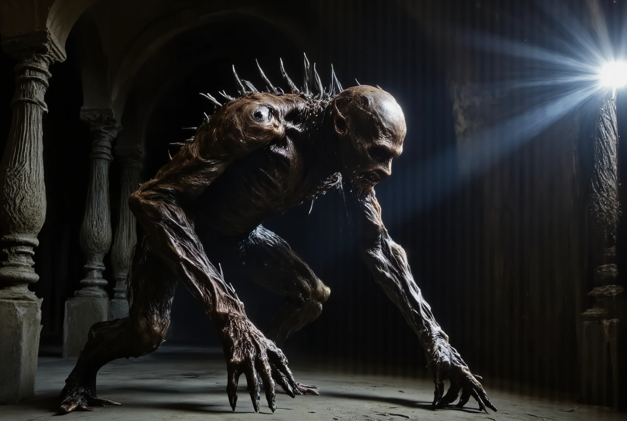 a monster made of eyeballs, highly detailed, photorealistic, 8K, hyperrealistic, dramatic lighting, gothic horror atmosphere, dark fantasy, ominous, surreal, unsettling, twisted, creepy, monstrous, eyeball creature, horrifying, unsettling, nightmarish,visceral,grotesque,grim,sinister,macabre,unnatural,bizarre,otherworldly,uncanny,dark,sinister,foreboding,eerie,supernatural,unsettling,twisted,gruesome,ghastly,disturbing,haunting,malevolent,eldritch,frightening,petrifying,terrifying,chilling,horrific,dreadful,monstrous,grisly,horrifying,gruesome,sinister,malevolent,sinister,ominous,foreboding,grim,dark,gothic,shadowy,moody,dramatic,haunting,unsettling,twisted,surreal,nightmarish,bizarre,uncanny,otherworldly,unnatural,visceral,grotesque creature, hunched posture, menacing gaze, numerous eye-like protrusions across body, sharp claws, dark detailed skin texture, indoor dimly lit setting, stone columns in background, dramatic lighting from the right, deep shadows emphasizing figure, eerie ominous atmosphere, close-up shot, high detail focus