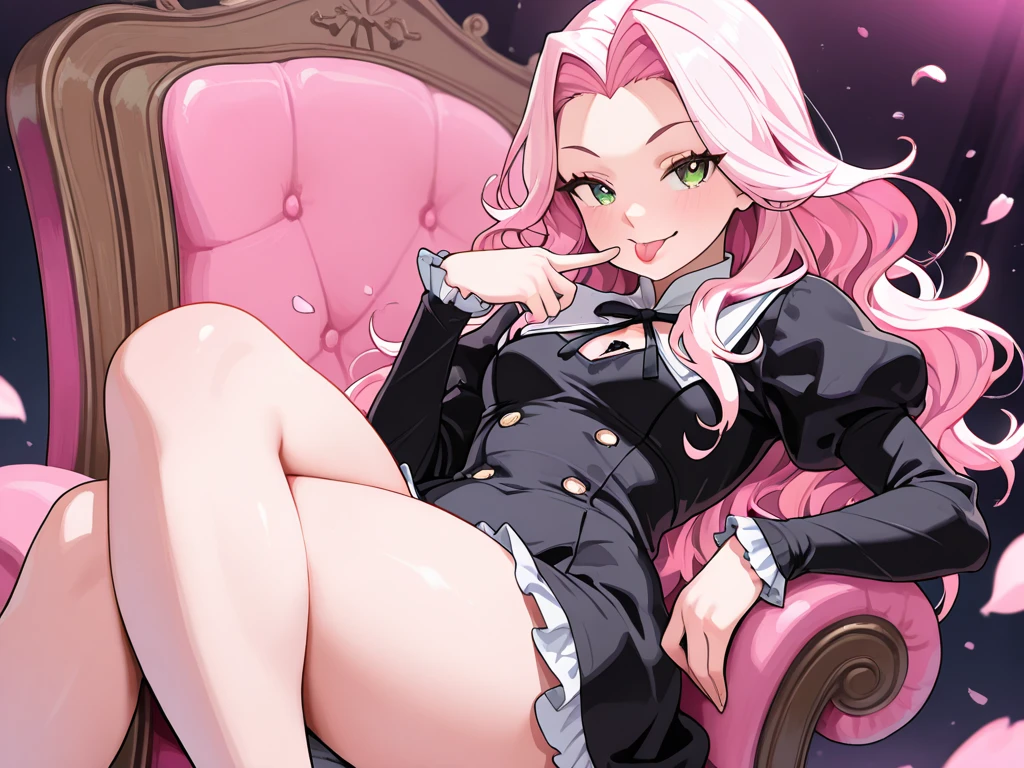 Perfect face. Perfect hands. A pink haired woman with violet eyes with an hourglass figure in pink leather dress is posing on a Gothic couch with a smile
