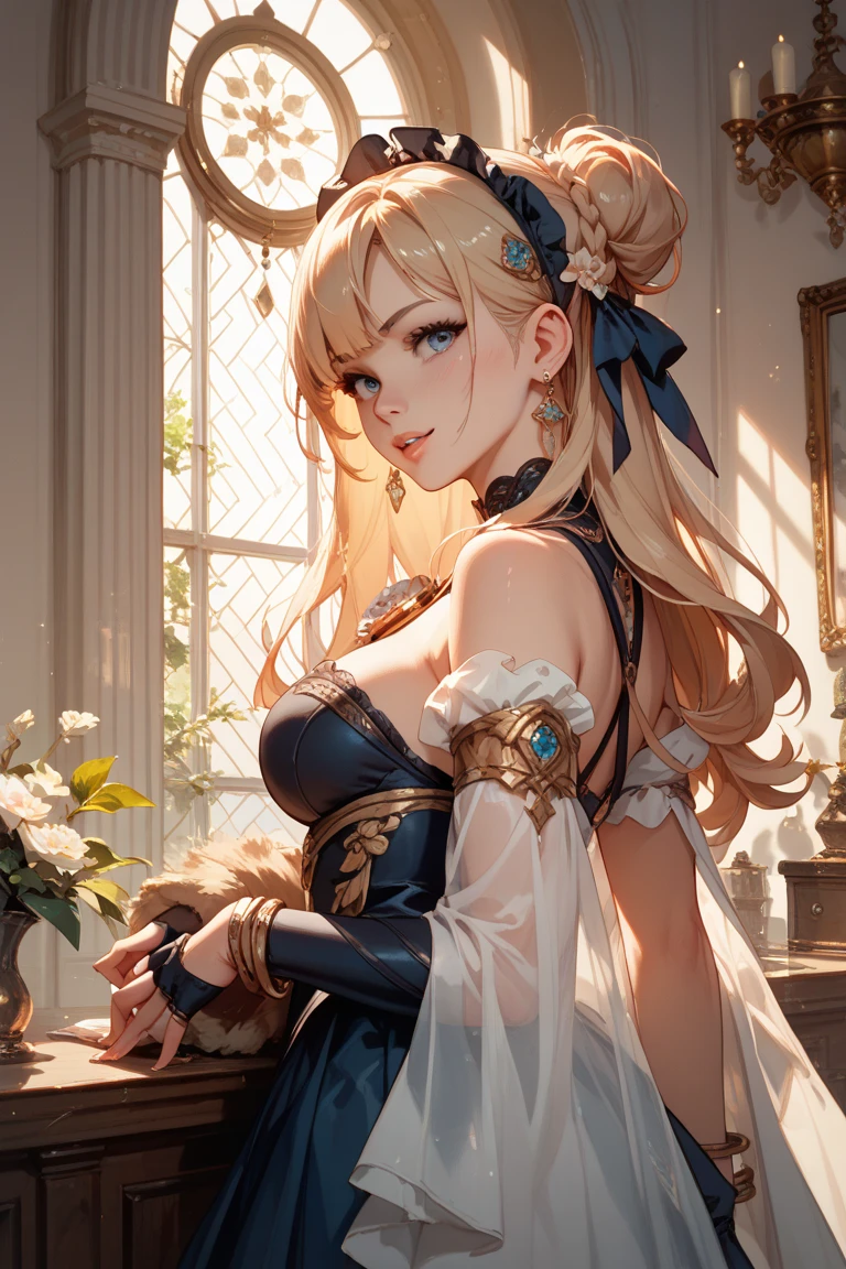 (((Blonde stunning hair))), (blue eyes), blue necklace, Golden earrings, Fit, Gorgeous Body, gorgeous, brown eyebrows, (two moles over lip), big pupils, (23 years old), 1girl,solo, complex skin, warm light, (large breasts), wide thighs, round butt, 5 fingers, ((blushing)), ((detailed face, best quality)),(beautiful detailed eyes), red lip, eyeshadow, beautiful face, long hair, very detailed eyes, intricate details in eyes, perfect lips, good lighting, ((masterpiece, Best quality, a high resolution, ultra detailed),(beautiful and aesthetically pleasing:1.2, show most body), 1 woman, high short ponytail, Beautiful, Detailed eyes and face, hot short latex shirt, Converse sneakers, golden hour, Field of Flowers, complex parts