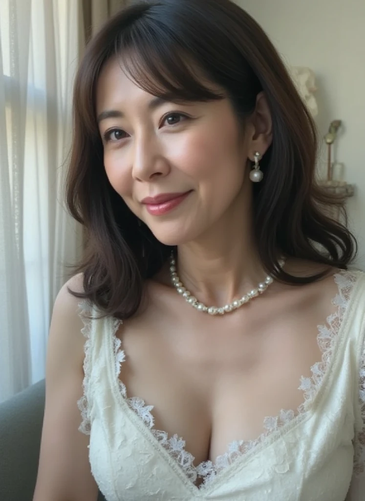 top-quality, ​masterpiece, hight resolution, Original, highly detailed wallpaper, Viewer's Perspective, Solo, portlate, (Perfect litthing), 70yo, Mature Woman Body Set, Exposing breasts, showing teeth, Staring at this, Floral background, undergarment, (Mature), Natural wrinkles, ultra-realistic, Natural skin, Natural hair color, {{milf}},