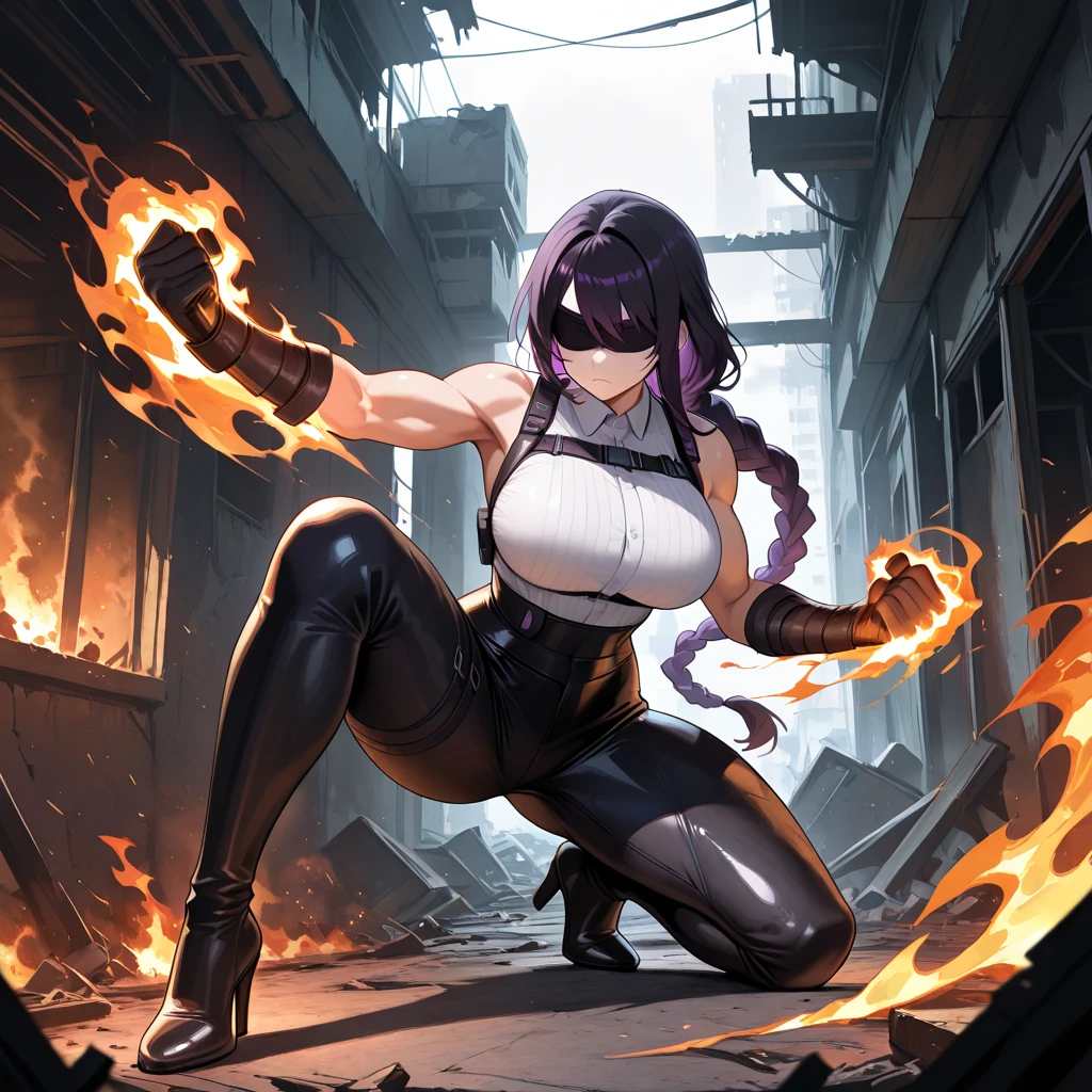 1 woman, very tall, black hair, purple highlights, braided ponytail, blindfold, long hair, long hair, toned, large breasts, chest harness, sleeveless business shirt, black high waist leather pants, heels, black combat gloves, Firebending, flaming fist, squat, fighting pose, knee on ground, serious expression, in abandoned building, secret base, UHD, masterpiece