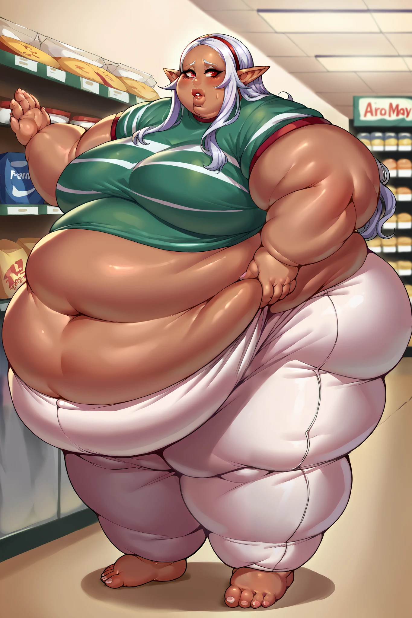 score_9, score_7_up, BREAK
kuroedacler, pointy ears, dark-skinned female, dark skin, dark elf, long hair, red eyes, striped shirt, short sleeves, grey hair,white pants
1girl,huge breasts, giant hands, giant feet, fat, chubby, obese, gigantic arms and legs, gigantic breasts, sagging breasts, full body shot, fat face, chubby face, double chins, big lips, working at a convenience store