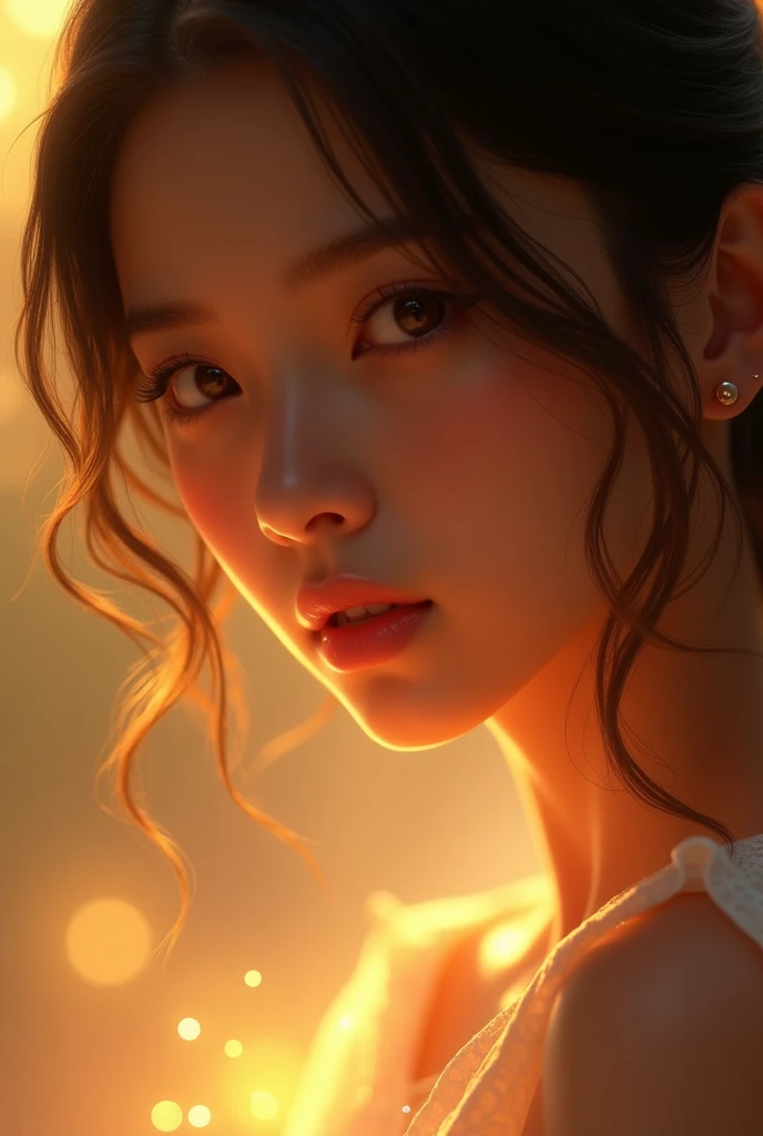 A mesmerizing close-up portrait of beautiful ren studying illuminated by the soft golden light of a quiet morning, softly framing her delicate shape