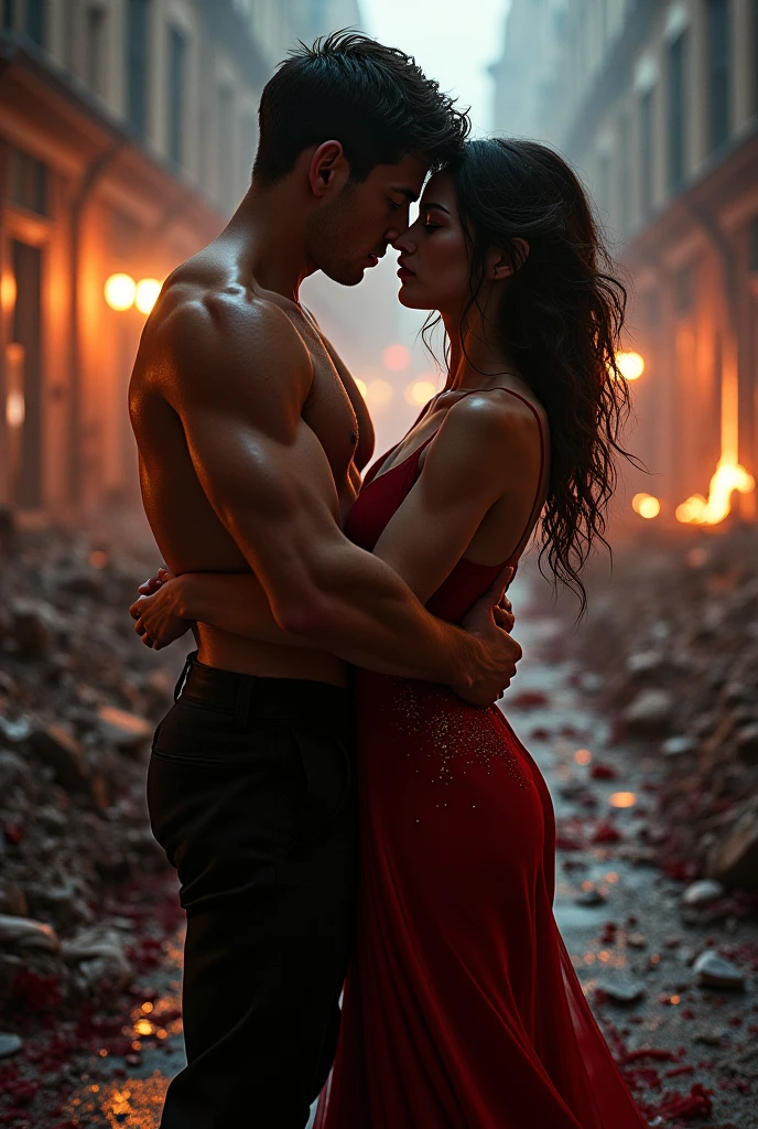 create an image for a book cover inspired by the phrase between bonds and farewells couple leaning one hand on the other back to back blond man make him more muscular and more physical


